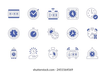 Clock icon set. Duotone style line stroke and bold. Vector illustration. Containing stopwatch, wall clock, time, on time, alarm, daytime, dna, digital clock, clock, tower.