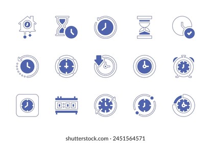 Clock icon set. Duotone style line stroke and bold. Vector illustration. Containing memories, clock, sand, down time, wall clock, time management, time, alarm, sand timer.