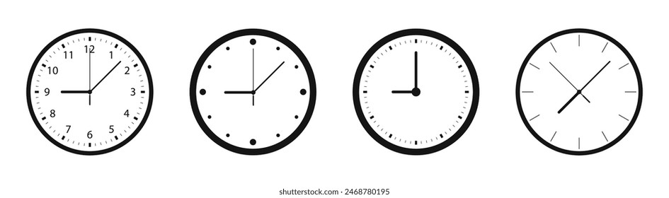 Clock icon set. Flat clock icons. Time measurement concept.