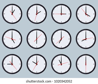Clock icon set in flat style, timer on dark blue background. Twelve o'clock. Business watch. Vector design element for you project