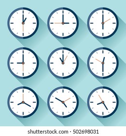 Clock icon set in flat style, nine timer on color background. Vector design element