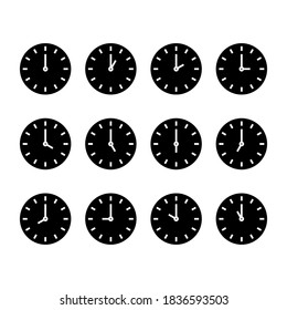 Clock icon set. Glyph time icons collection for twelve hours in a day. Isolated background, editable vector file.