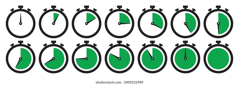 Clock icon set in green color. Stopwatch symbol set. Countdown clock stopwatch, timer vector illustation. Collection of timer icon set in green color on white background.
