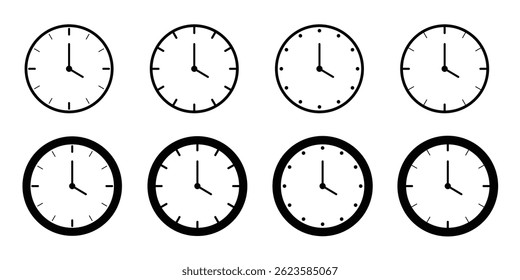 Clock icon set. Hours dial. Watch time.