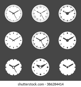 Clock Icon Set - Isolated Vector Illustration. White icons on dark background. Simplified Solid Design