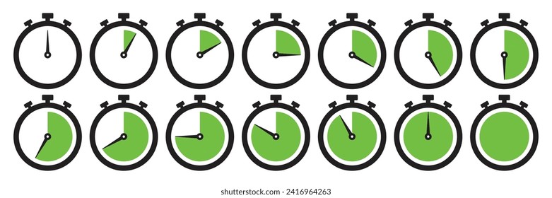 Clock icon set in light green color. Stopwatch symbol set. Countdown clock stopwatch, timer vector illustation. Collection of timer icon set in light green color on white background.