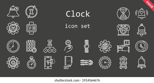 Taktsymbol eingestellt. Zeilensymbol-Stil. uhrbezogene Symbole wie Schlaf, Einstellungen, Benachrichtigung, Zeitplan, Stoppuhr, Uhr, 24 Stunden, Kontakt, Stundenglas, Wand, Glocke