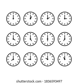 Clock icon set. Line time icons collection for twelve hours in a day. Isolated background, editable vector file.