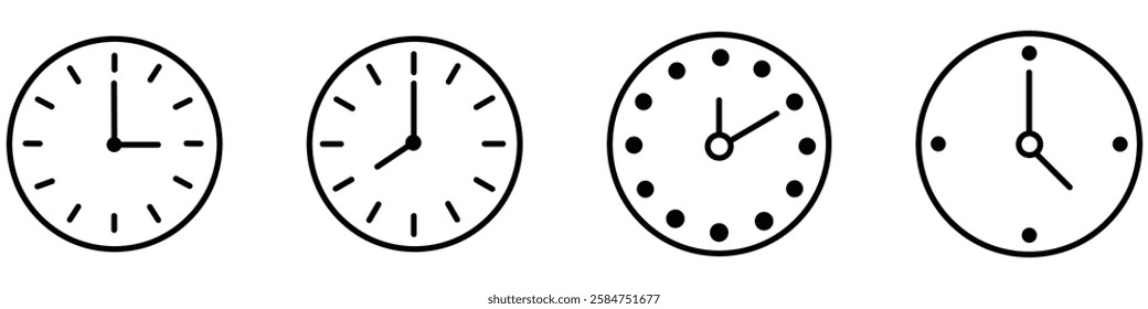 Clock icon set. Linear icon collection. Linear symbols of clock. Horizontal set of analog clock icon symbol. Time, clock, alarm, appointment, schedule, reminder, timer, stopwatch, hourglass and more.