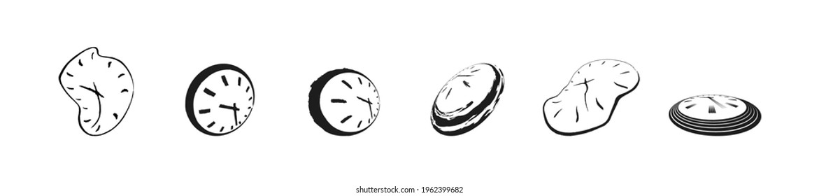 Clock Icon Set In Liquid Deformed Grunge Line Dali Style, Collection Vector Illustration, Melting Clocks Distorted Shape.