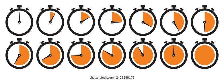 Clock icon set in orange color. Stopwatch symbol set. Countdown clock stopwatch, timer vector illustation. Collection of timer icon set in orange color on white background.