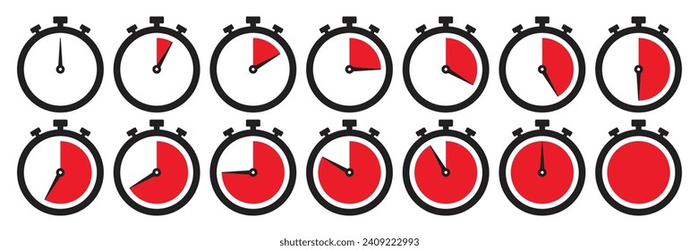 Clock icon set in red color. Stopwatch symbol set. Countdown clock stopwatch, timer vector illustation. Collection of timer icon set in red color on white background.