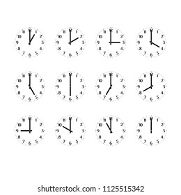 Clock Icon Set Showing the Times of Day. Clock Face, Hour and Minute Hands. Arabic Numerals. From One o'clock till Twelve. Black and White Vector Illustration