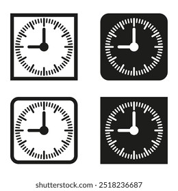 Clock icon set. Square analog clocks. Black and white dials. Time management concept.