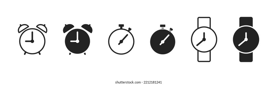 Juego de iconos de reloj. Signo de Stopwatch. Símbolo de tiempo. Pictograma de diferentes relojes. descriptor de acceso de escritura. Ilustración vectorial. 