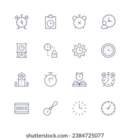 Clock icon set. Thin line icon. Editable stroke. Containing time management, second, clock, alarm, clock tower, digital clock, alarm, study, time.