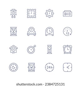 Clock icon set. Thin line icon. Editable stroke. Containing clock, desk clock, rest, adjust, table clock, hours, hourglass, alarm.