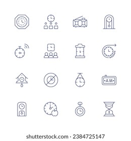Clock icon set. Thin line icon. Editable stroke. Containing team, meeting, no time, break time, wall clock, clock, cuckoo, digital clock, pocket watch, future, morning, hourglass. svg