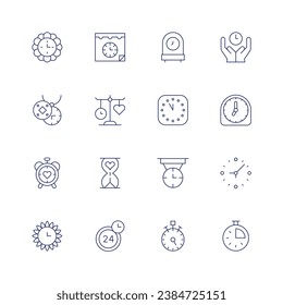 Clock icon set. Thin line icon. Editable stroke. Containing schedule, balance, hourglass, hours, wall clock, clock, alarm clock, stopwatch, save time, countdown.