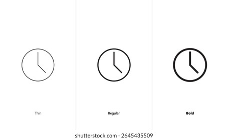 Clock icon set. thin, regular and bold line icons. vector time sign. time concept. web clock icon