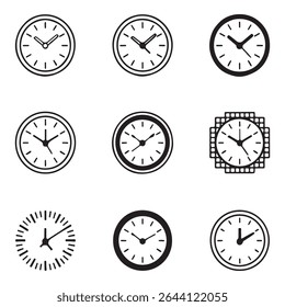 Clock Icon Set for Time. Collection of Simple Black and White Wall Clock Icons
