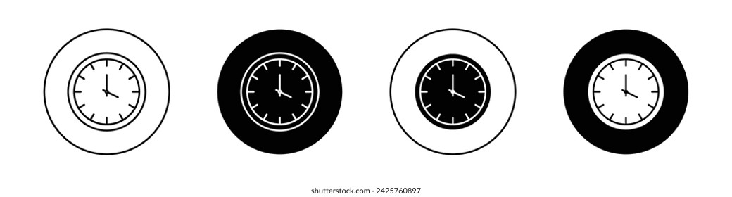 Clock Icon Set. Time Hour Wall Vector Symbol in a Black Filled and Outlined Style. Chronological Order Sign.