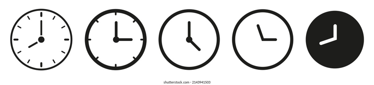 Clock icon set. Time clock icons collection. Line clocks symbol isolated on white background. Stock vector. Collection of high quality black style vector icons
