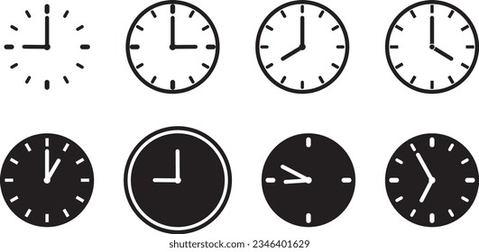 Juego de iconos de reloj. Colección de iconos del reloj de hora. Símbolo de los relojes de línea aislado en blanco 
fondo
tiempo, ilustración, reloj, negocio, conjunto, vector, diseño, signo,