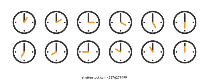 Clock icon set. Time symbol. Time management, minutes, countdown, deadline and delay, hour. Outline, flat and colored style icon for web design. Vector illustration.