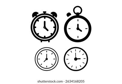 Clock icon set. Time vector. watch icon symbol, countdown Timer vector illustration. Time icon set. Timer, alarm, schedule, hourglass, clock icons. Solid icon collection
