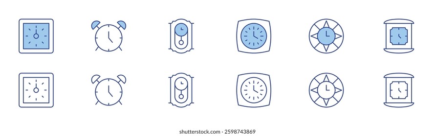 Clock icon set in two styles, Duotone and Thin Line style. Editable stroke. wall clock, clock, alarm clock.