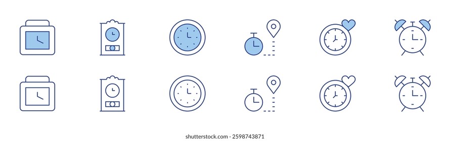 Clock icon set in two styles, Duotone and Thin Line style. Editable stroke. timer, time, alarm clock, clock, wall clock.