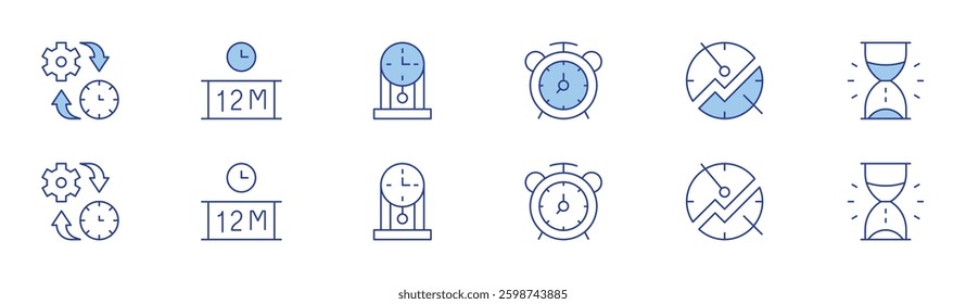 Clock icon set in two styles, Duotone and Thin Line style. Editable stroke. time management, shelf life, cuckoo clock, alarm clock.