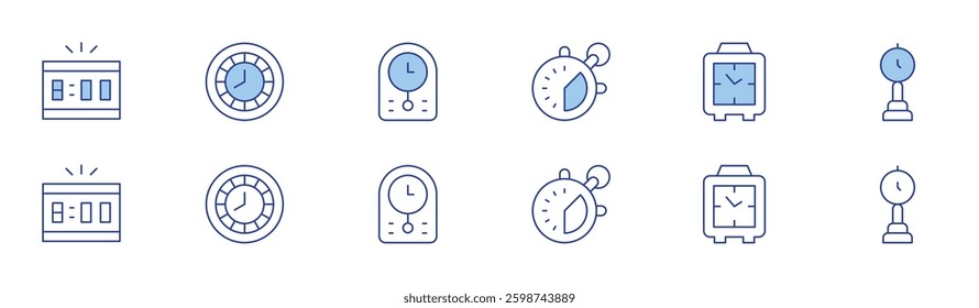 Clock icon set in two styles, Duotone and Thin Line style. Editable stroke. time management, digital alarm clock.