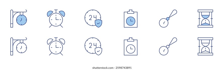 Clock icon set in two styles, Duotone and Thin Line style. Editable stroke. time management, clock, hourglass, alarm clock, 24h..
