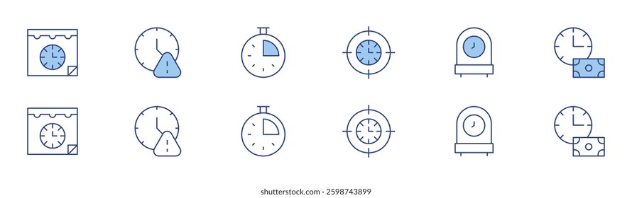 Clock icon set in two styles, Duotone and Thin Line style. Editable stroke. schedule, target, time, clock, time is money, countdown.