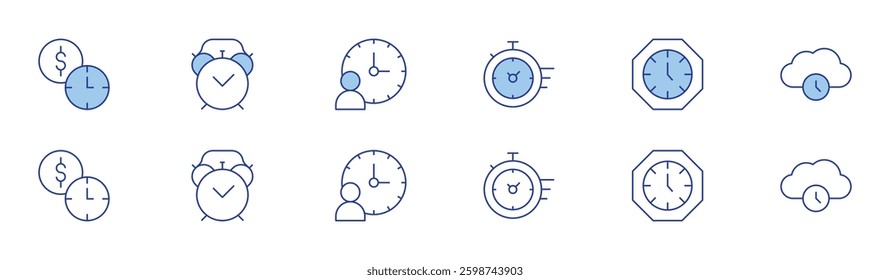 Clock icon set in two styles, Duotone and Thin Line style. Editable stroke. payment, time, alarm clock, wall clock, cloud storage.