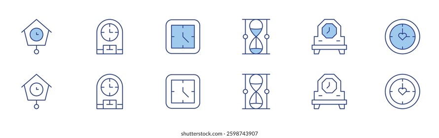 Clock icon set in two styles, Duotone and Thin Line style. Editable stroke. long term, desk clock.