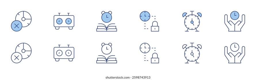 Clock icon set in two styles, Duotone and Thin Line style. Editable stroke. expired, time management, chess clock, alarm clock, save time, study.