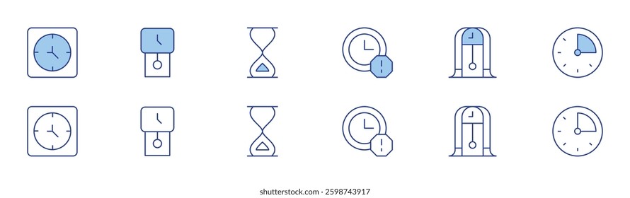 Clock icon set in two styles, Duotone and Thin Line style. Editable stroke. delay, clock, wall clock, minutes, sand clock.