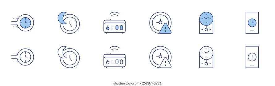 Clock icon set in two styles, Duotone and Thin Line style. Editable stroke. expired, clock, wall clock, sleeping.