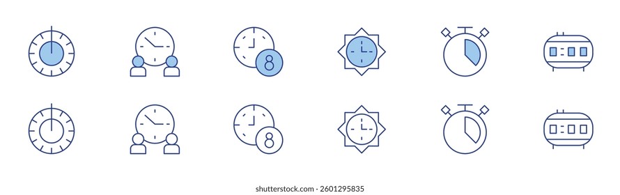 Clock icon set in two styles, Duotone and Thin Line style. Editable stroke. wall, alarm, sun clock, working hours.
