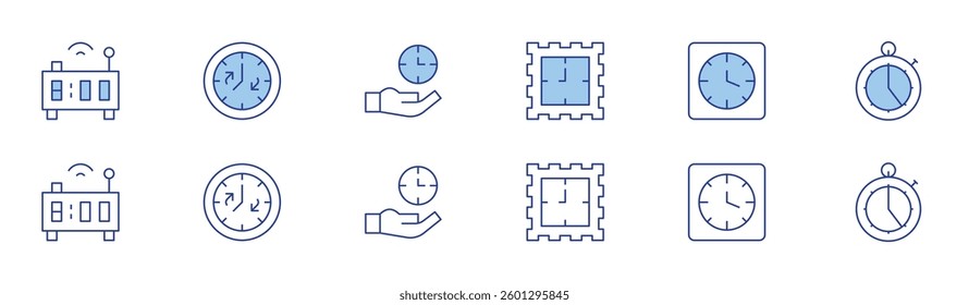 Clock icon set in two styles, Duotone and Thin Line style. Editable stroke. clock, alarm, smart, timer, schedule, wall.