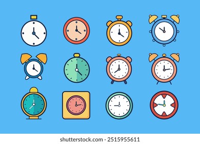 Clock icon set. Various collection including wristwatch, pocket watch, stopwatch, alarm clock, and wall clock. Colorful Watch collection vector.