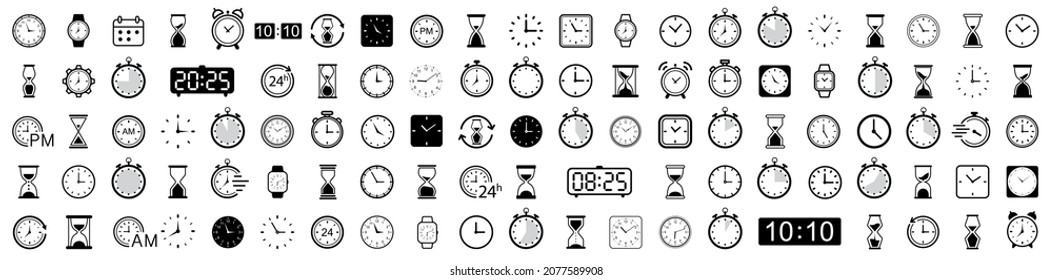 Clock icon set. Vector Time and Clock icons set. Horizontal set of analog clock icon symbol .Circle arrow icon.Vector illustration.