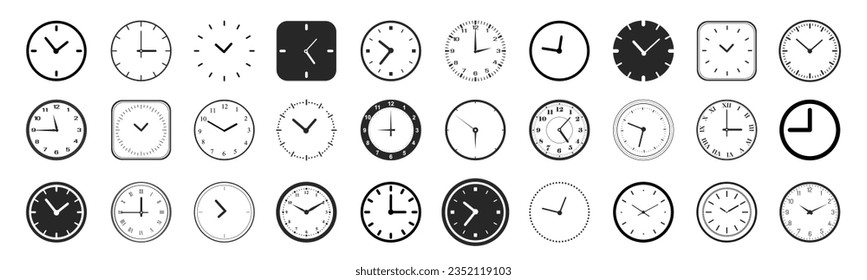 Clock icon set. Vector Time and Clock symbol collection. Black silhouettes in flat style. Vector illustration
