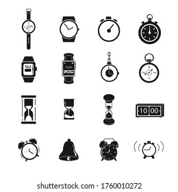 clock icon set with watch, smart watch, sandglass, electronic clock, alarm clock