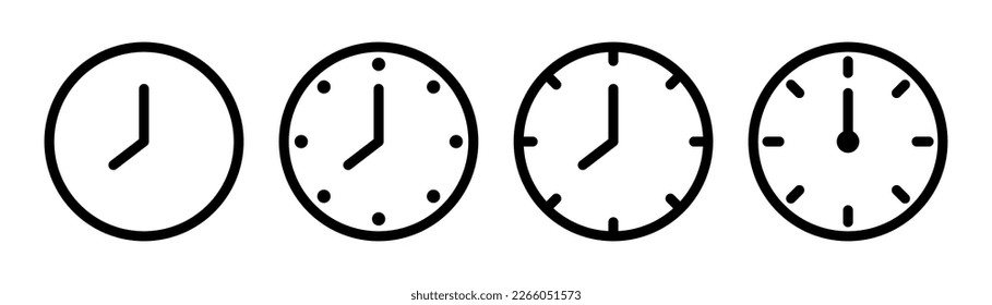 Clock icon set. Watch symbol in line. Outline clock sign. Linear watch icon. Stopwatch symbol on white background. Stock vector illustration