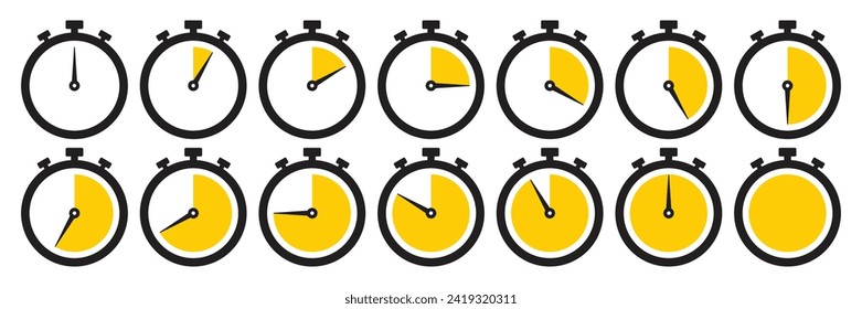 Icono de reloj establecido en color amarillo. Juego de símbolos Stopwatch. Reloj de reloj de cuenta regresiva, estación de iluminación del vector temporizador. Colección del icono del temporizador establecido en color amarillo sobre fondo blanco.