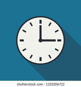 Clock icon with shadow on a blue background for website design in flat style. Office clock icon, Time icon. Three o'clock. Vector illustration, eps10.